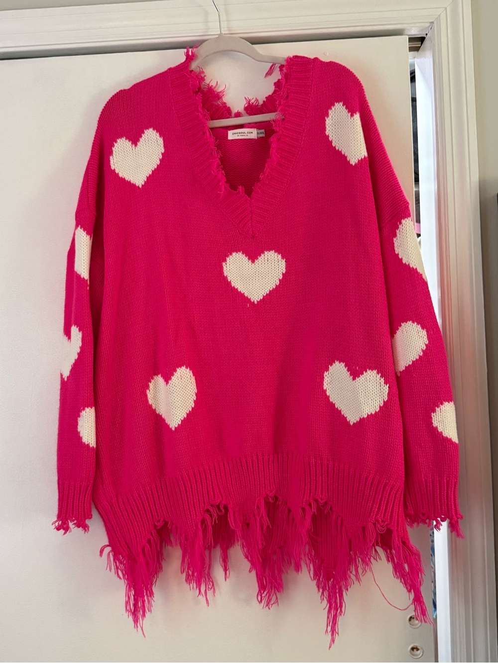 Chic Soul Bright Pink Heart Distressed Sweater